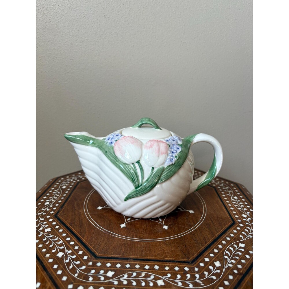 Vintage Otagiri Teapot Pink Tulips Lilac Spring Floral Mary Ann Baker